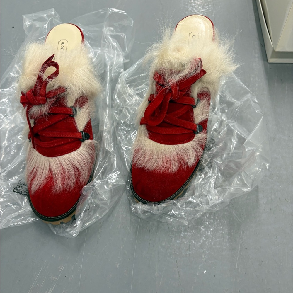 Coach Red and Cream Fur-Trimmed Mules